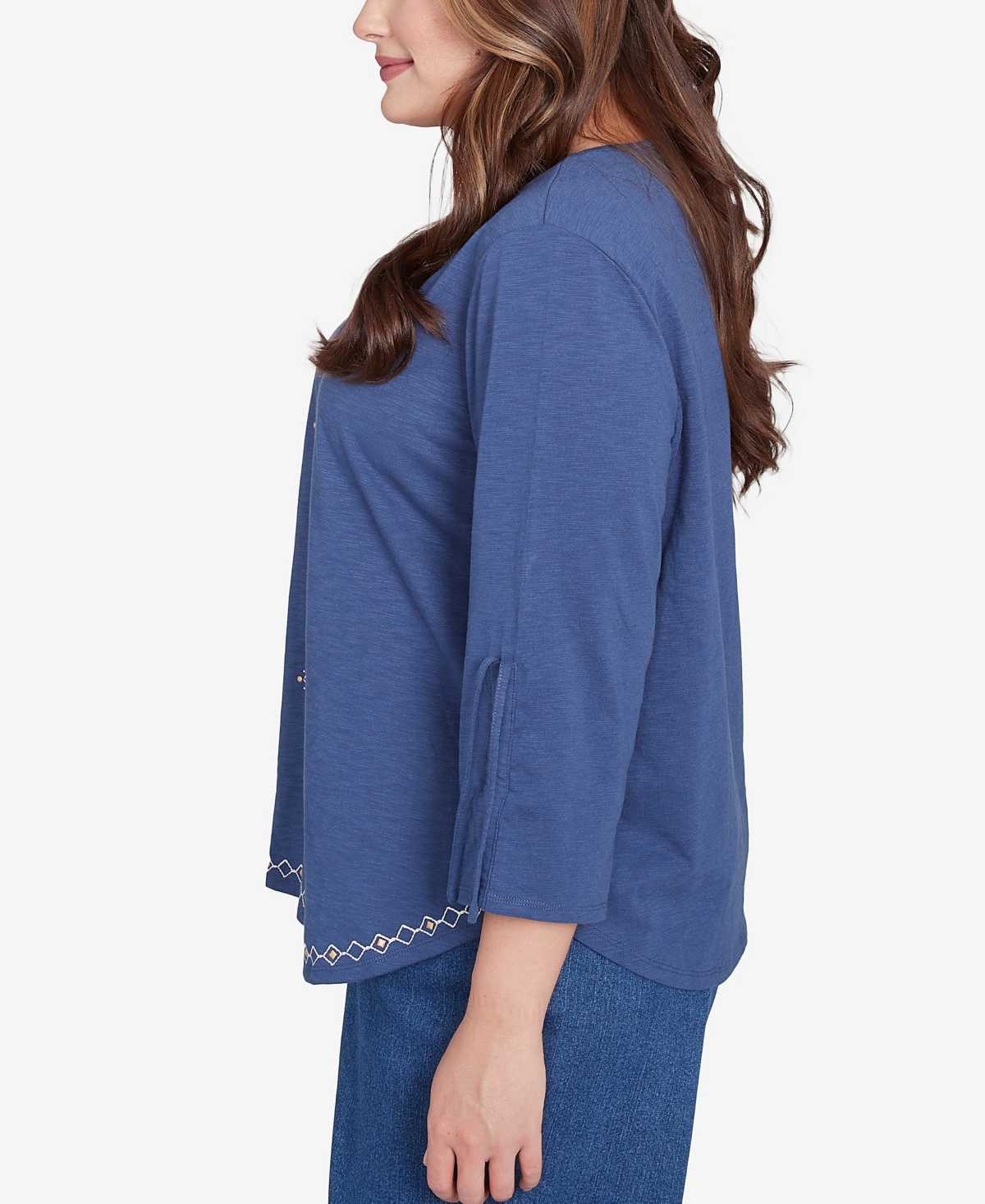 Alfred Dunner Plus Size Summer Solstice Embroidery Centered Tie Sleeve Top In Blueberry