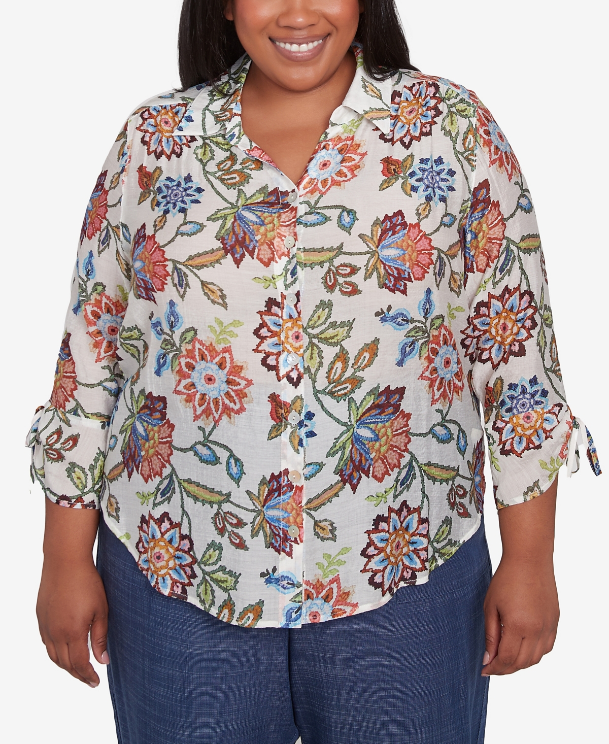 Alfred Dunner Plus Size Summer Solstice Batik Floral Button Front Top In Neutral Multi