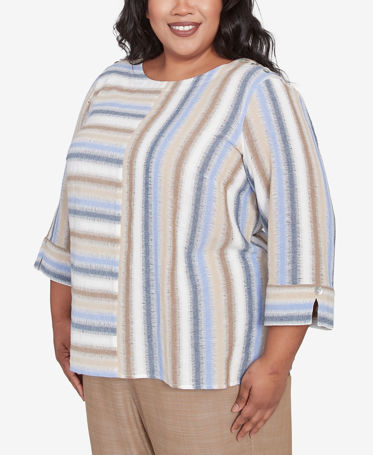 Alfred Dunner Plus Size Summer Solstice Spliced Stripe Button Shoulder Crew Neck Top In Neutral Multi
