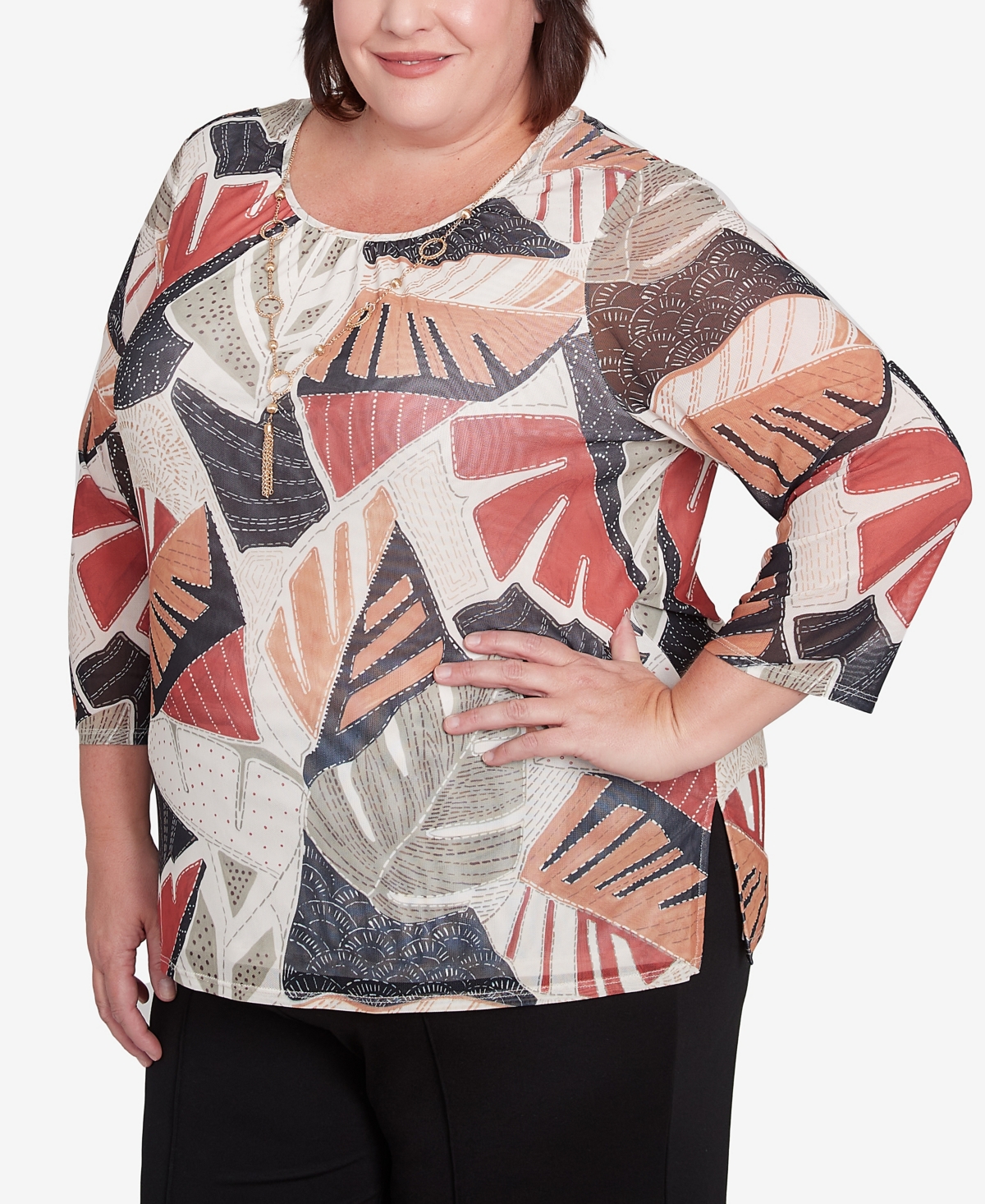 Alfred Dunner Plus Size Natural Instinct Tropical Mesh Top With Necklace In Neutral Multi