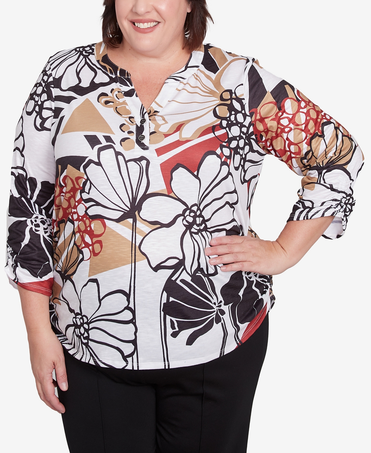Alfred Dunner Plus Size Natural Instinct Bold Floral Illustrated Henley Top In Multi