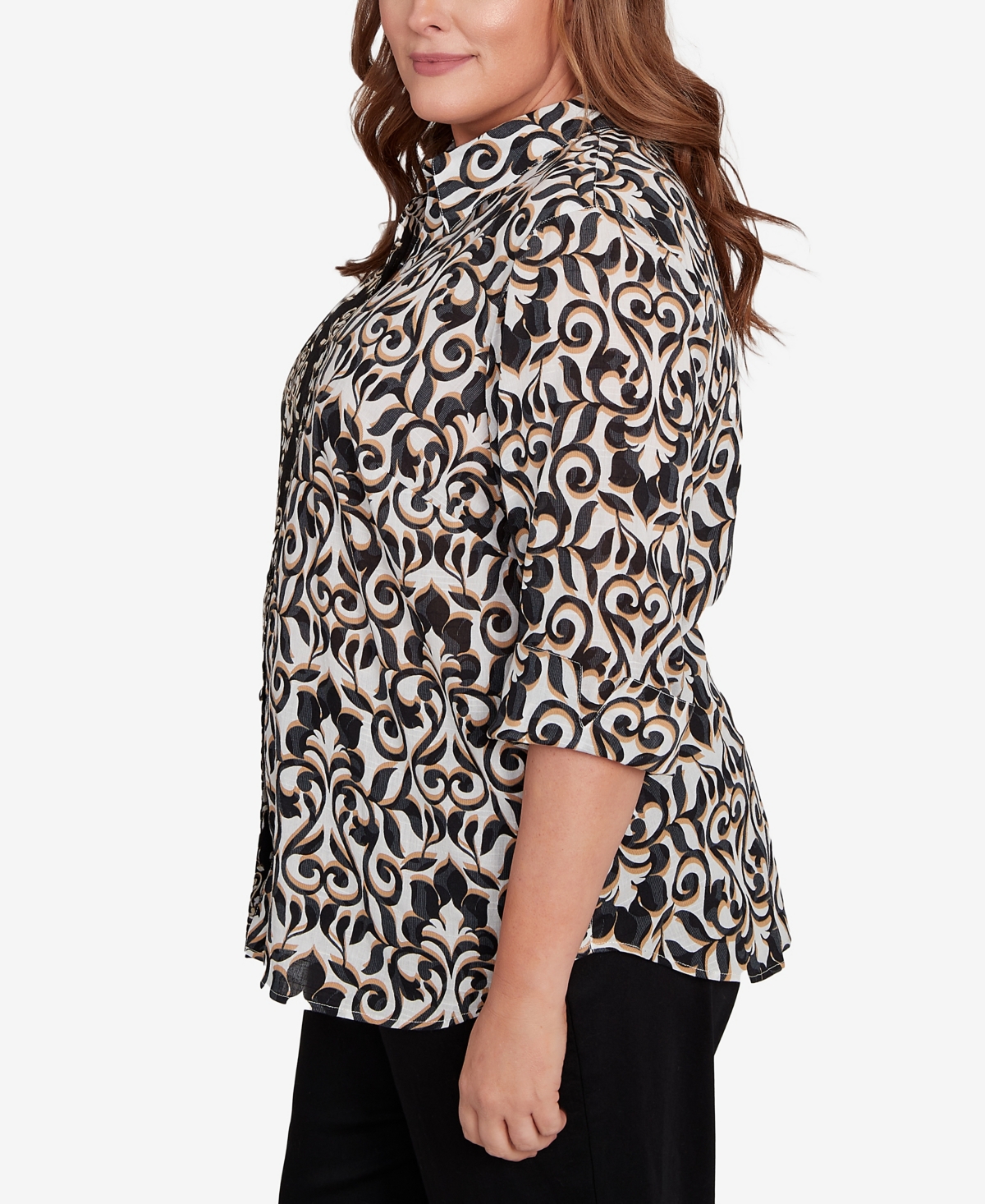 Alfred Dunner Plus Size Natural Instinct Medallion Twin Print Button Front Top In Black