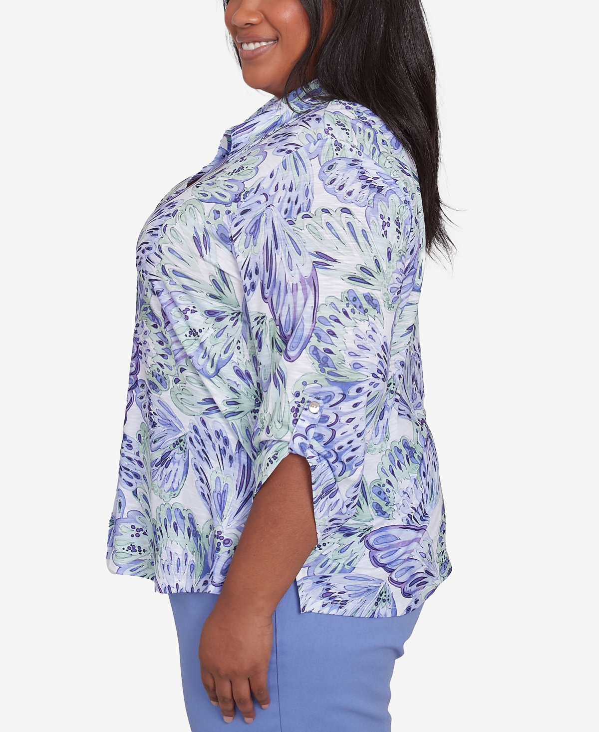 Alfred Dunner Plus Size Santa Fe Abstract Butterfly Collared Button Front Top In Iris Multi