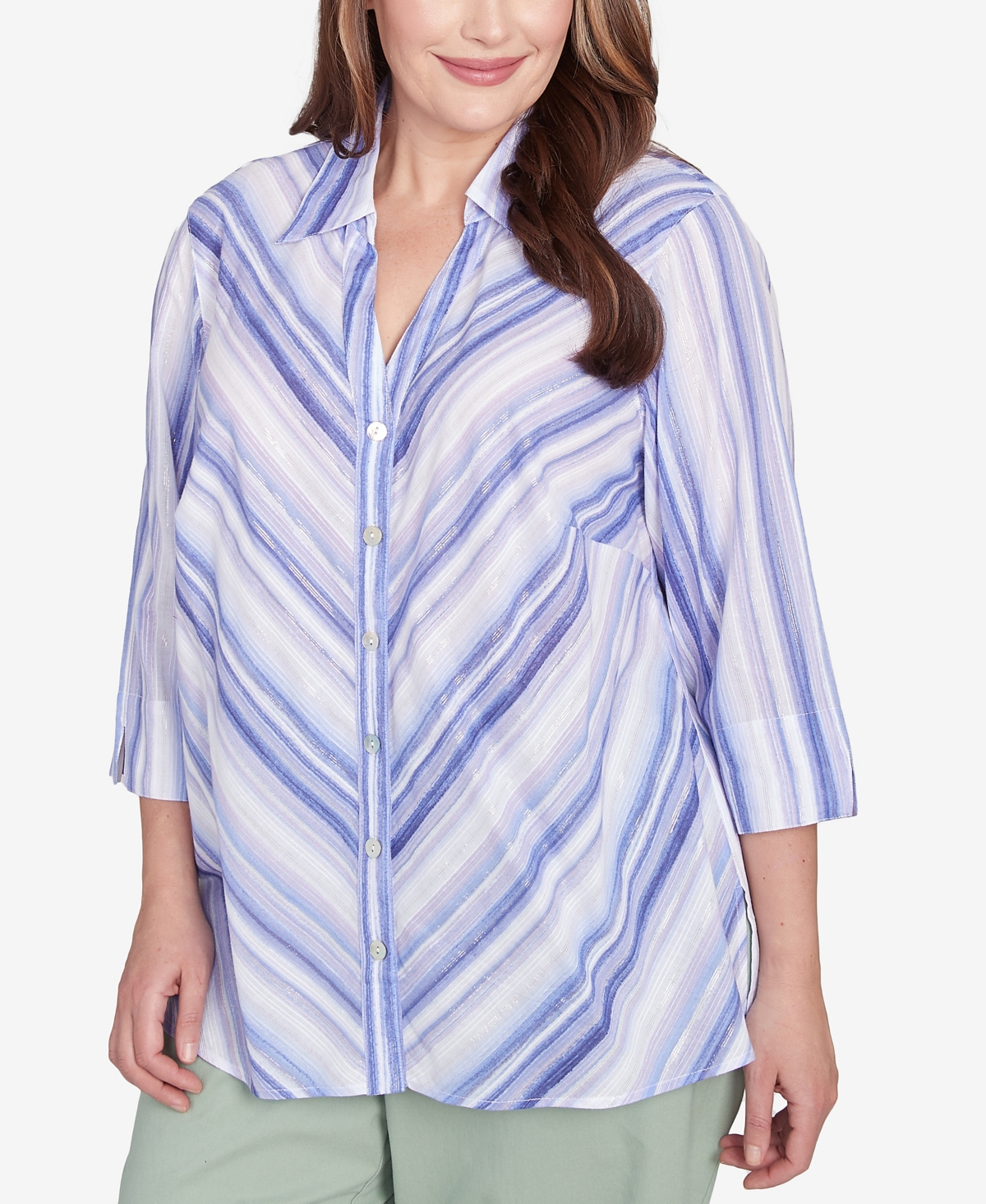 Alfred Dunner Plus Size Santa Fe Mitered Iris Stripe Collared Button Down Top In Iris