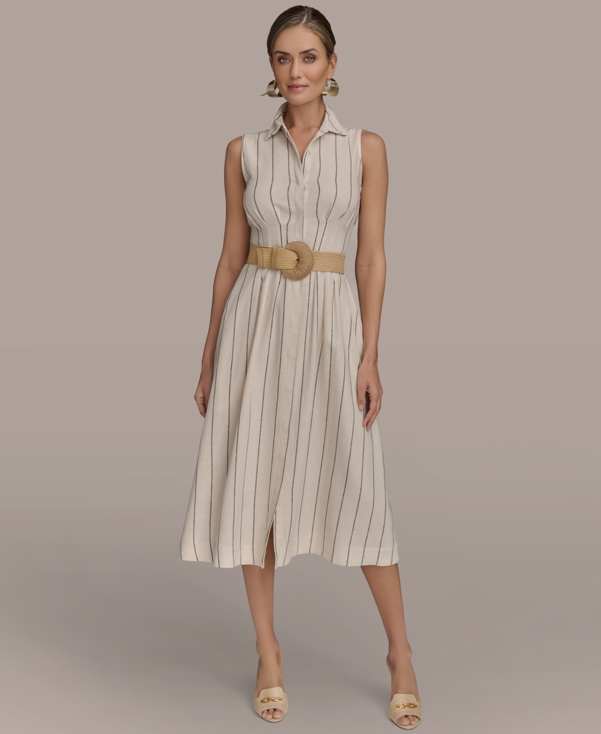 Women's Striped Belted Shirt Dress - Sand Ink