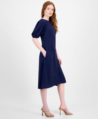 Women's Puff-Sleeve Round-Neck Midi Dress