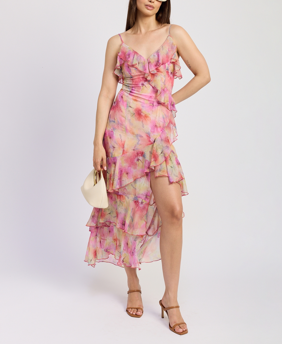 En Saison Amari Chiffon V-neck Ruffle Midi Slip Dress In Pink