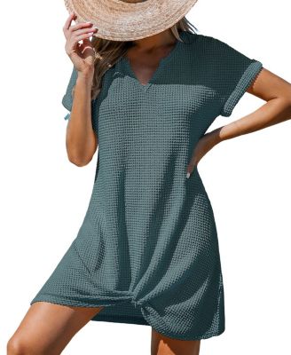 Women's Waffle Knit Short Sleeve Hem Twist Mini Cover-Up