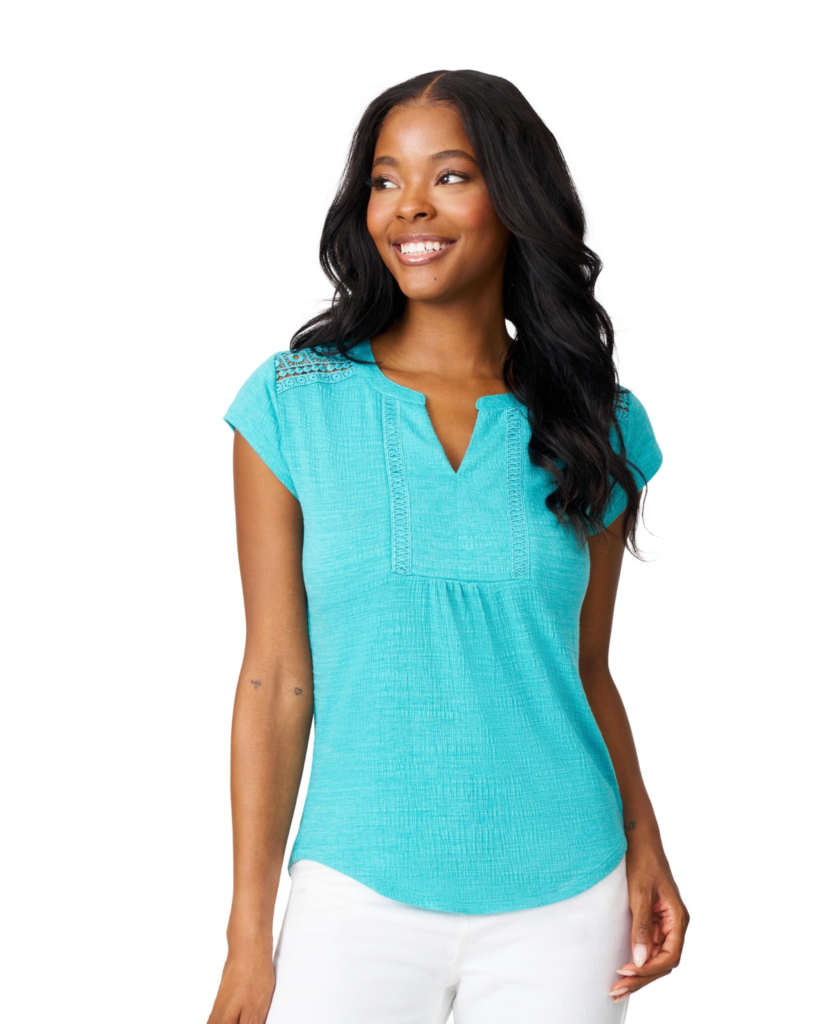 Women's Lace Shoulder Short Sleeve Top - Dry oregano