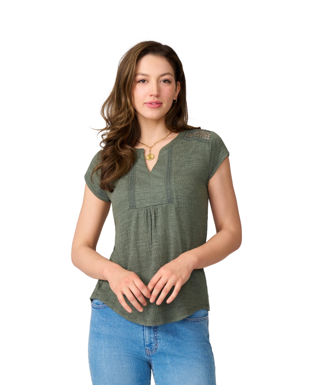 Women's Lace Shoulder Short Sleeve Top - Dry oregano