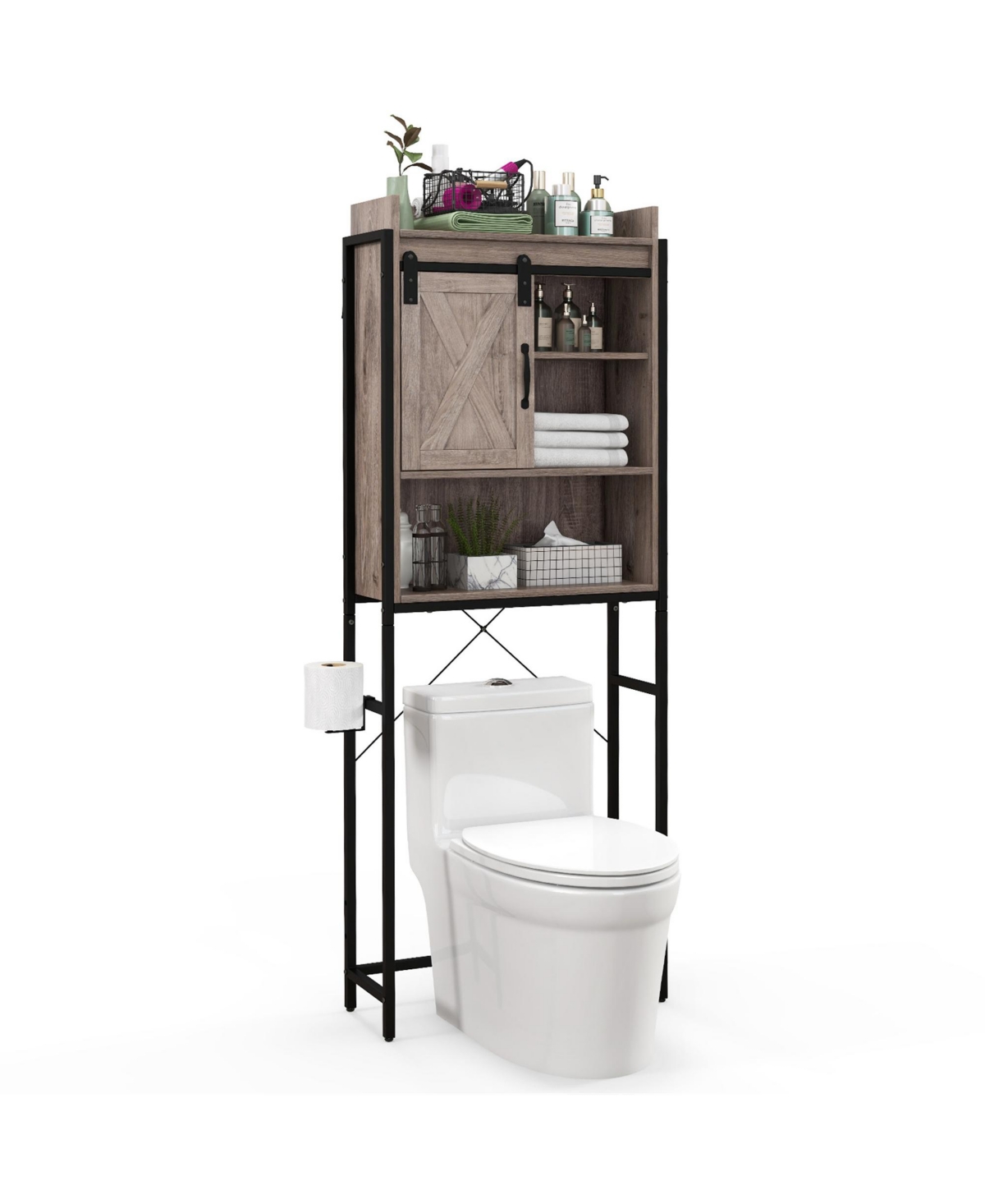 Over The Toilet Storage Cabinet Rack Bathroom w/ Slipping Barn Door Grey - Gray