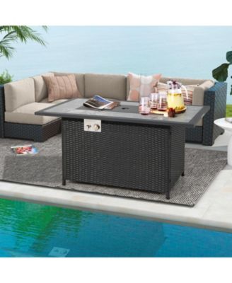 Rattan Wicker Propane Fire Pit Table with Rain Cover and Lava Rock