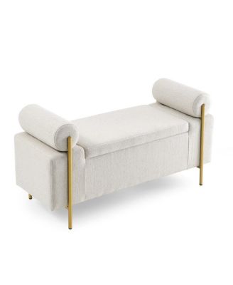 Upholstered Storage Bench with Cylindrical Armrests and Metal Legs Ottoman for Bedroom & Living Room or Entryway