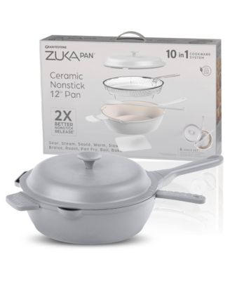 Zuka Everyday Pan 4.25 Qt. Ceramic 10 in 1 Nonstick Multi-Functional Saute Pan with Lid, Nylon Spoon, & Steamer Basket
