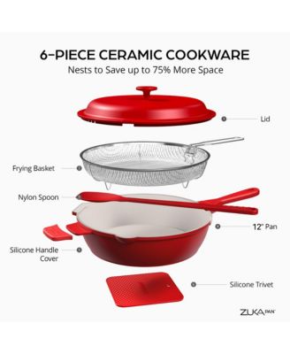Zuka Everyday Pan 4.25 Qt. Ceramic 10 in 1 Nonstick Multi-Functional Saute Pan with Lid, Nylon Spoon, & Steamer Basket