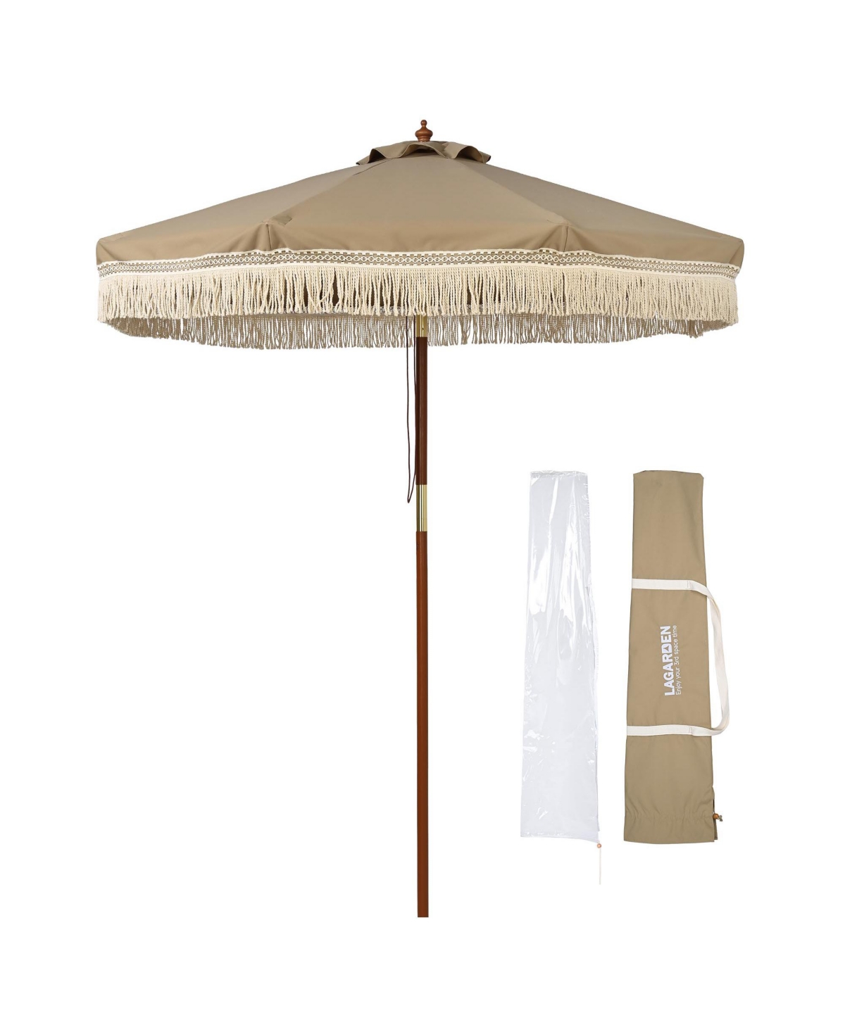 Boho 7' Fringe Patio Umbrella with Tassels UPF50+ Boho Style 5-Year-Non-Fading for Outdoor Yard Market Mocha Meander - Brown