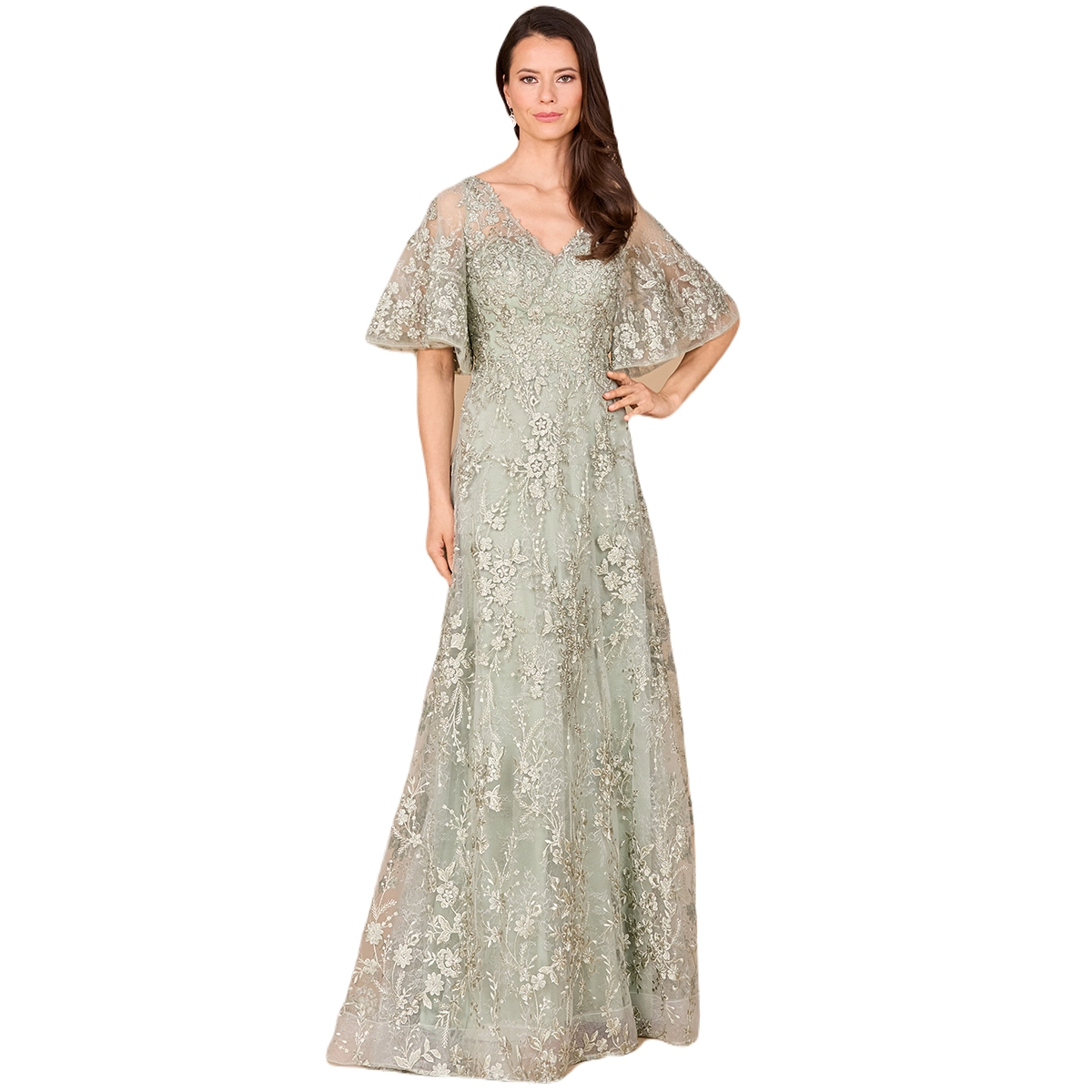 Women's V-neck, Cape Sleeve Gown - Sage