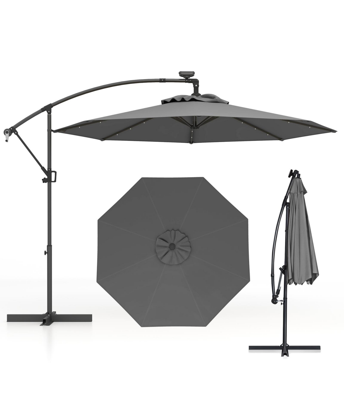 10FT Offset Umbrella 360&#xB0; Rotation Sun Shade Solar Powered Led Patio - Grey