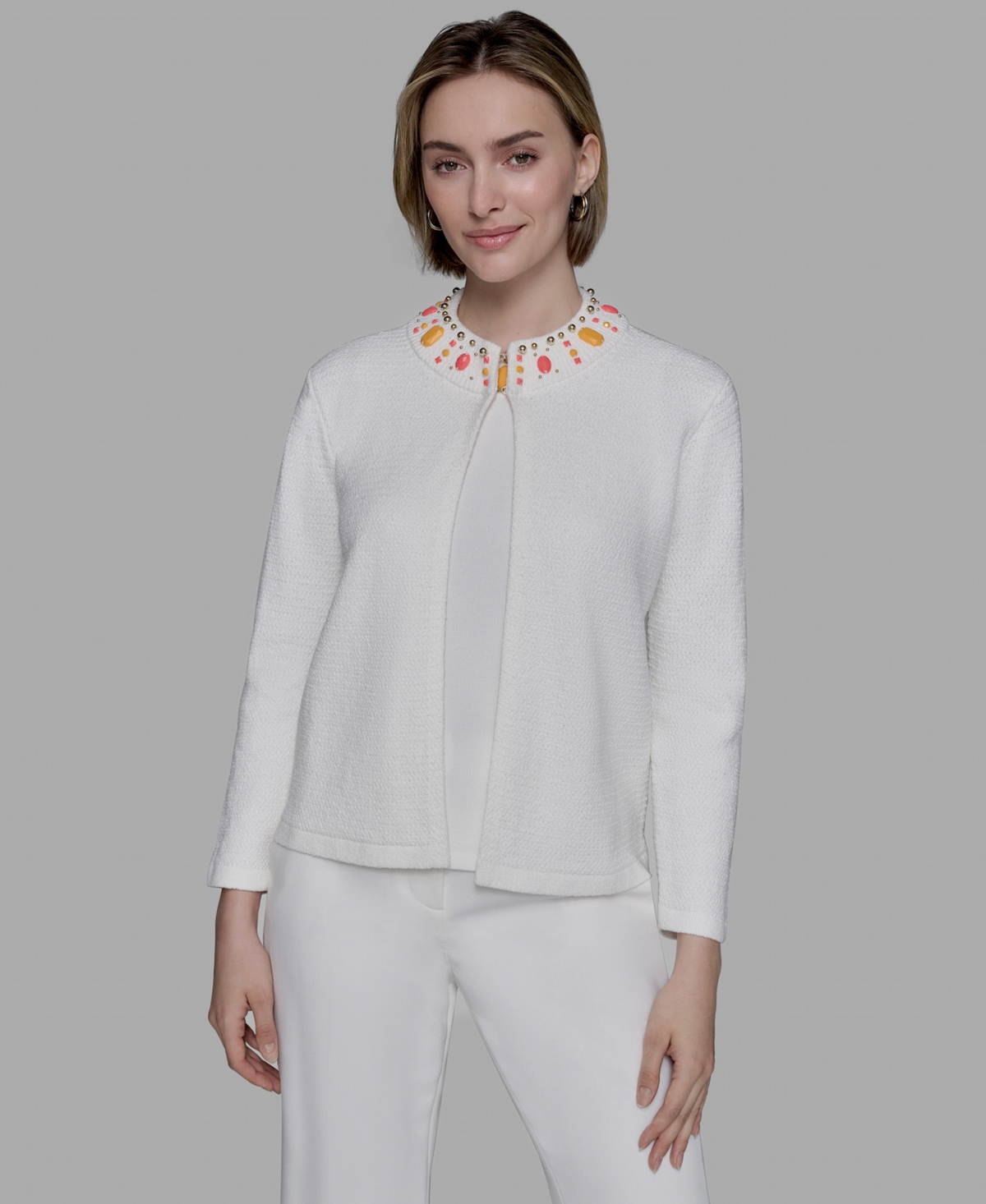 Women's Embellished-Neck Jacket - Soft White/persimmon