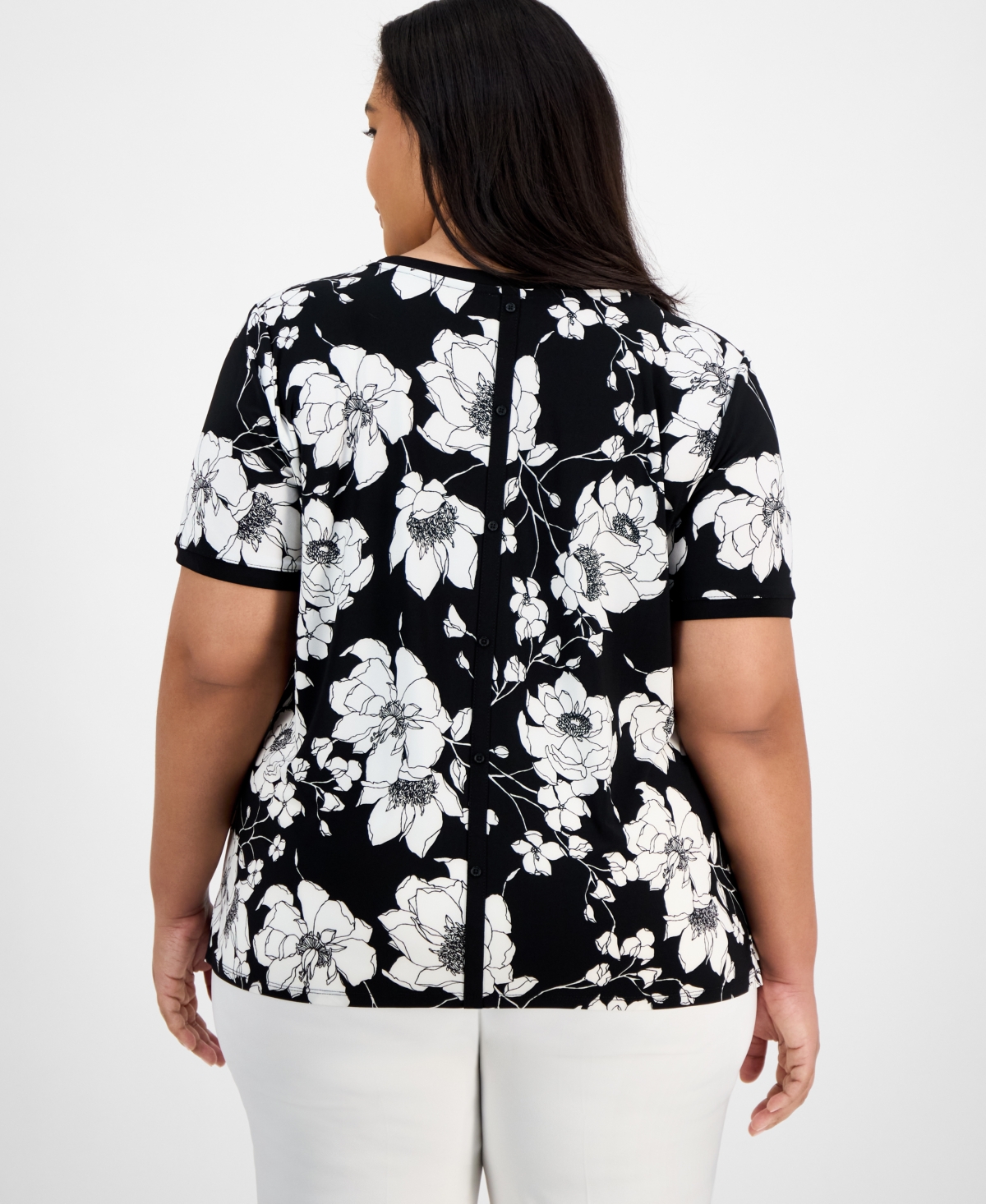 Ak Anne Klein Plus Size Printed Button-back Short-sleeve Top
