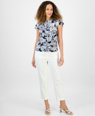 売れ筋商品|||ジョーンズニューヨーク カットソー トップス レディース Petite Botanical-Print Keyhole Top Pacific Navy Multi Jones New York Petite Botanical-Print Keyhole Top - Macy's