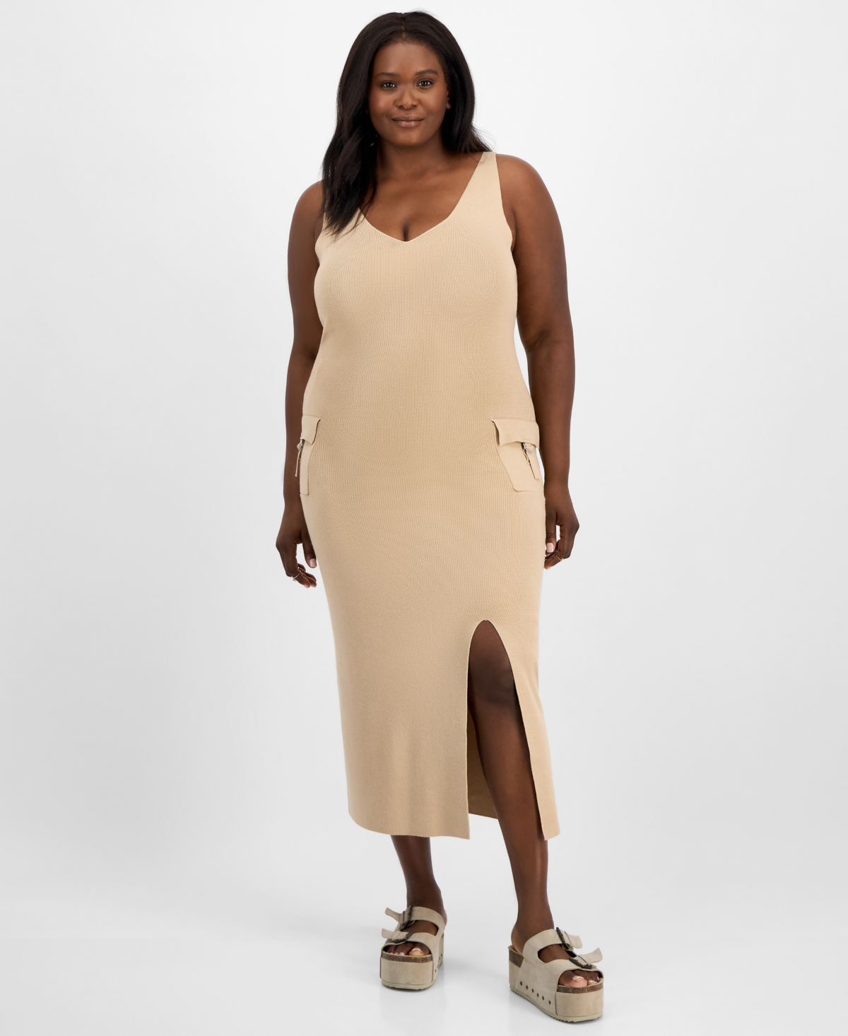 Trendy Plus Size Cargo Pocket Sleeveless Midi Dress - Foliage Green