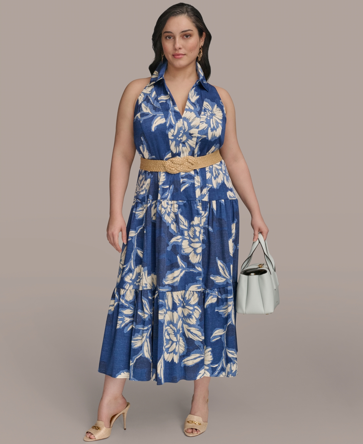 Donna Karan Plus Size Halter Belted Midi Dress
