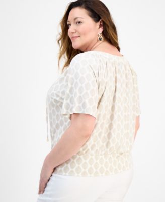 Plus Size Printed Tie Split Neck Top, Exclusively at Macy's