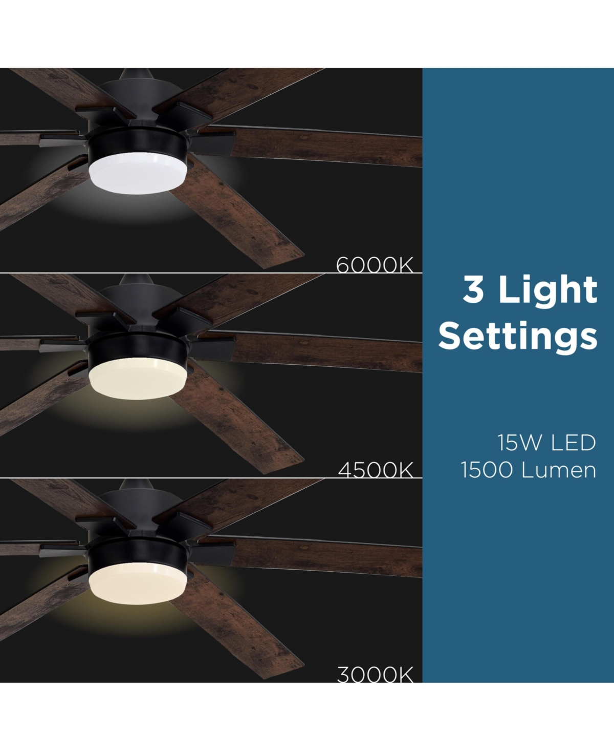 All Seasons 60" Ceiling Fan with Light, Quiet, Alexa/Google, 3 Color Led Lights, Reversible
