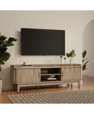 63" Oak Mid-Century Modern Tambour-Style TV Stand with Tray Top & 2 Doors