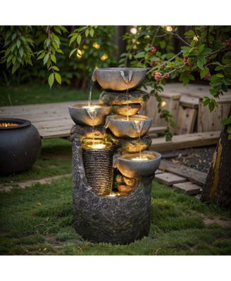 Gray 4-Bowl and 5-Tier 2.1-Feet Tall Outdoor Polyresin Fountain with Lights