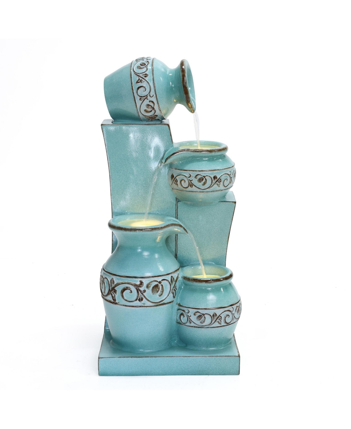 Light Blue 4-Tier Ornate Jugs 2.5-Feet Tall Outdoor Polyresin Fountain with Lights - Blue and brown