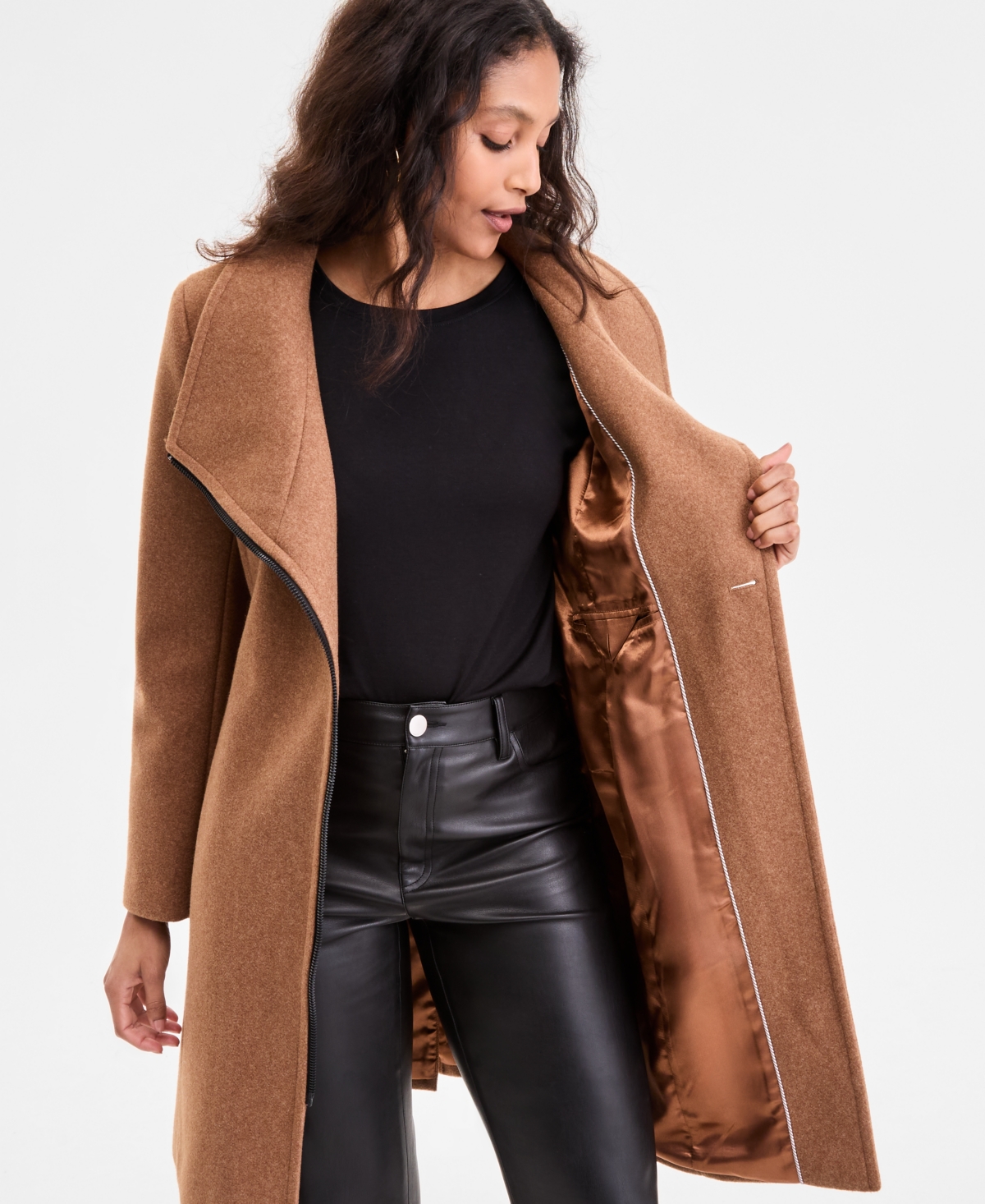 Dkny Women's Asymmetric Front-zip Belted Coat, Exclusively At Macy's In Brown