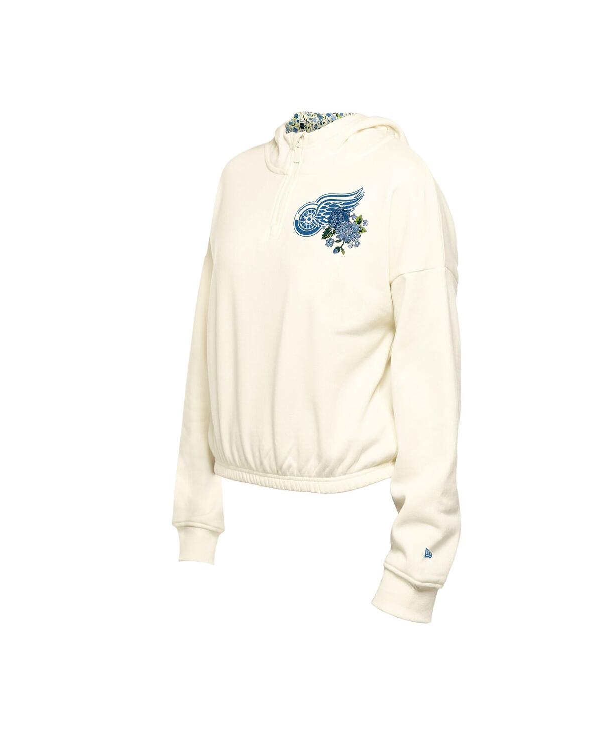 NEW ERA WOMEN'S CREAM DETROIT RED WINGS GLAM GAME QUARTER-ZIP CROPPED FLORAL PULLOVER HOODIE 