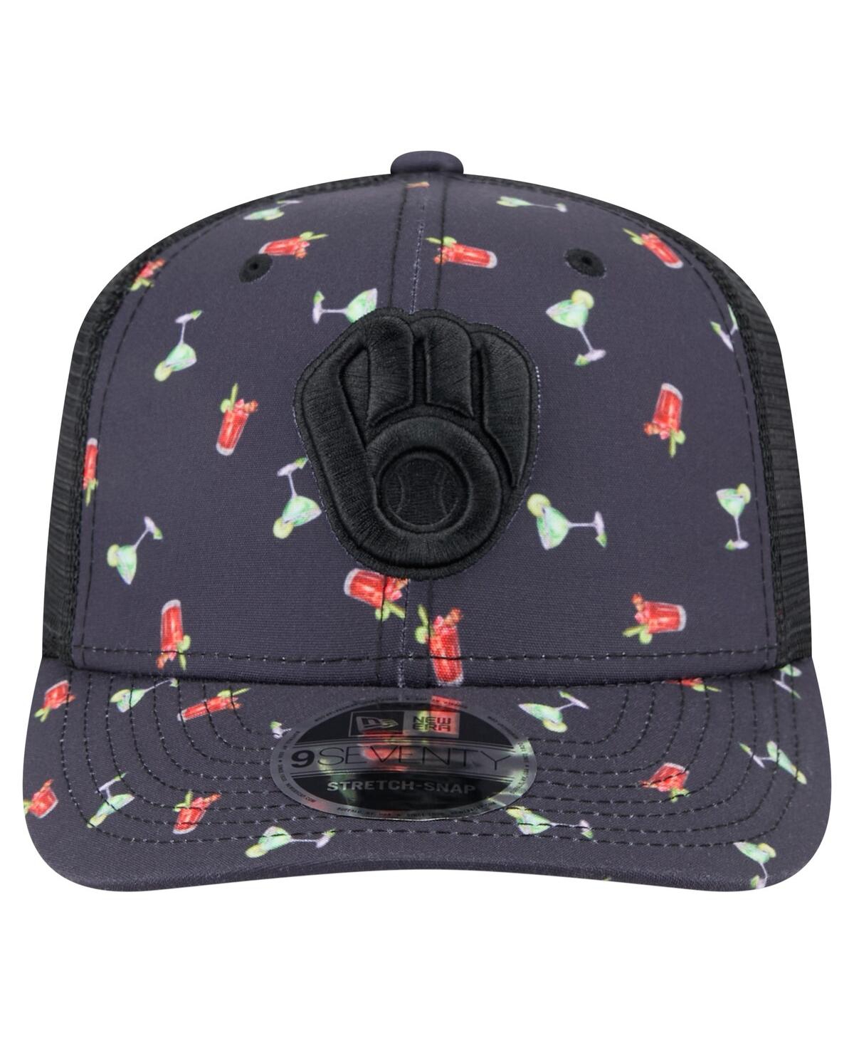NEW ERA MEN'S BLACK MILWAUKEE BREWERS ADVENTURE DRINKS PATTERN 9SEVENTY STRETCH-SNAP HAT 