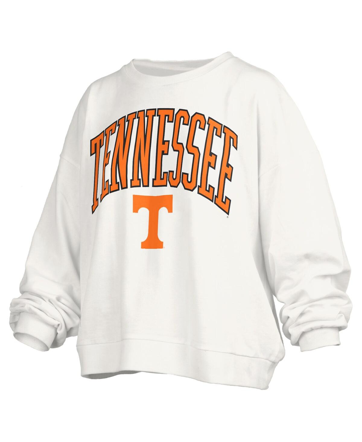 PRESSBOX WOMEN'SÂ WHITE TENNESSEE VOLUNTEERS JANISE ARCH OVER LOGO WAIST LENGTH OVERSIZED PULLOVER SWEATSHIRT 