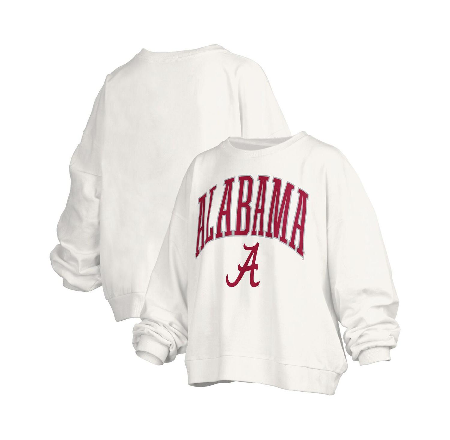 Women's White Alabama Crimson Tide Janise Arch Over Logo Waist Length Oversized Pullover Sweatshirt
