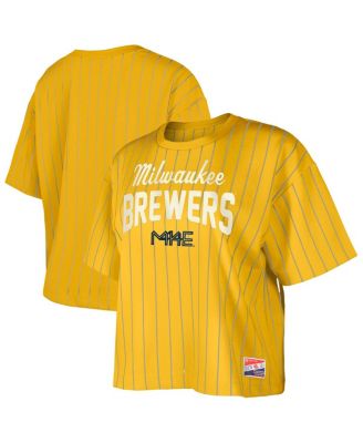 New Era - Women's&nbsp;Gold Milwaukee Brewers City Connect Multiplier Pinstripe Cropped T-Shirt