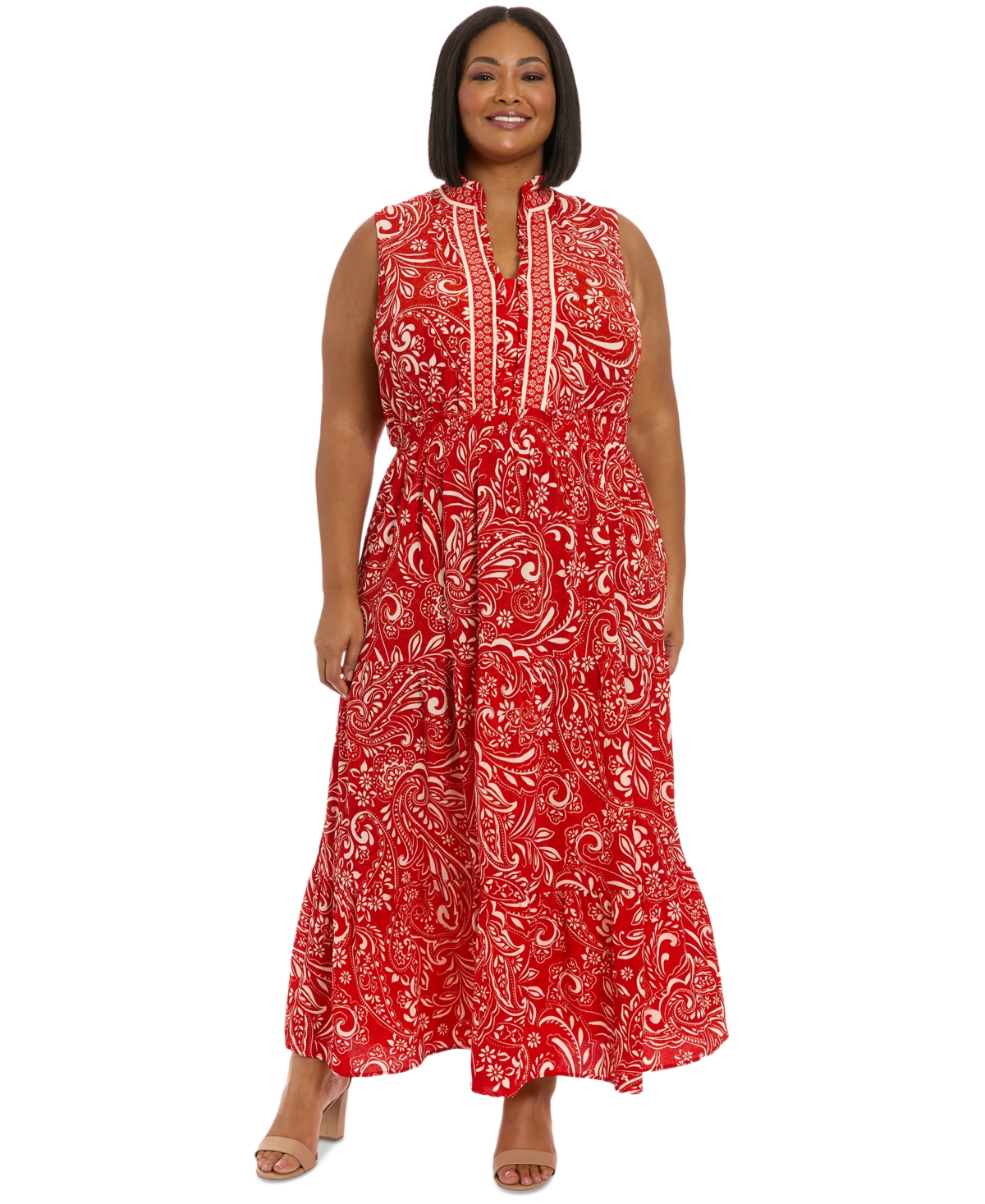 London Times Plus Size Ruffled-neck Tiered Maxi Dress In Red