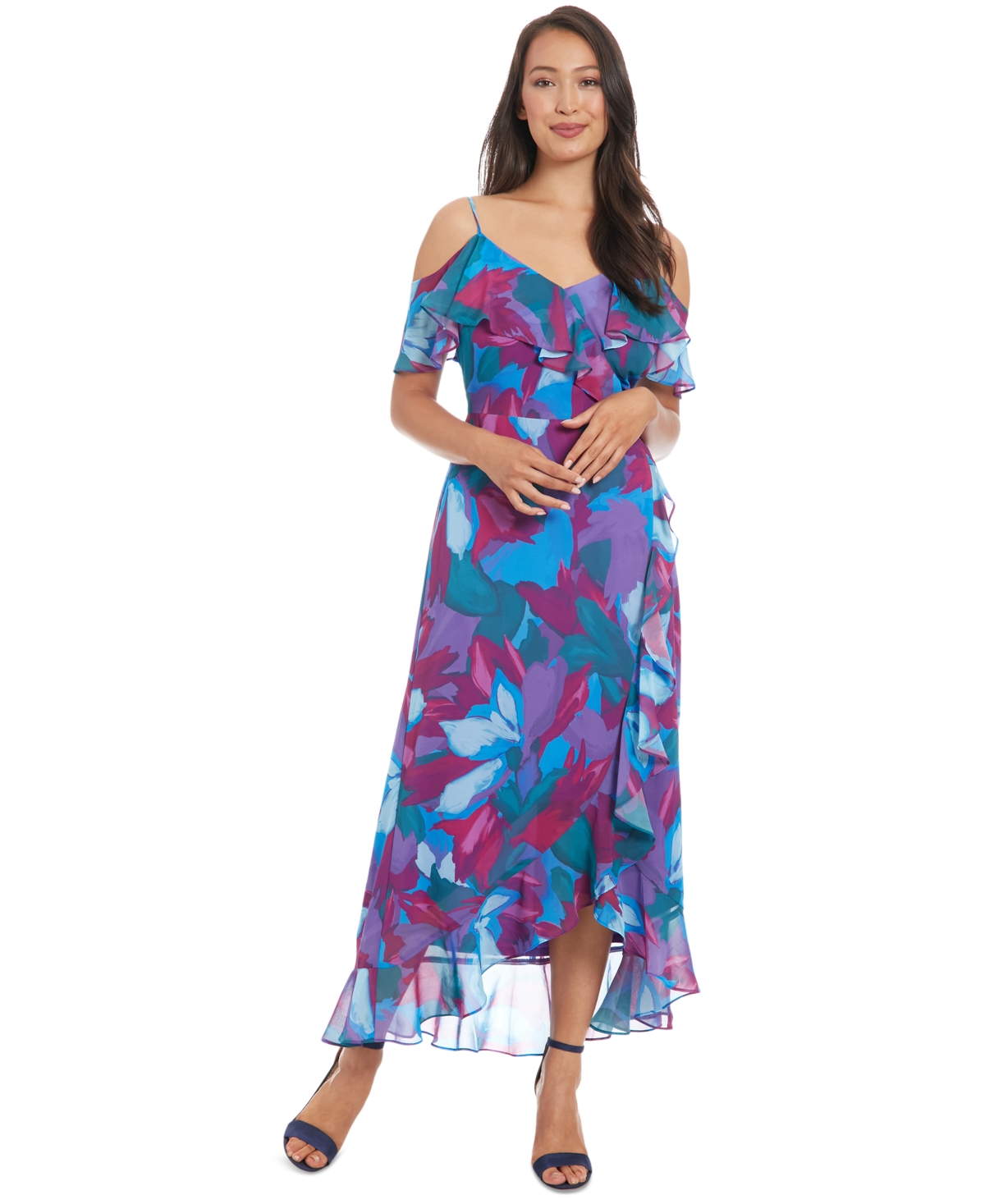 Petite Printed Cold-Shoulder Ruffle Chiffon Dress - Blue Jade