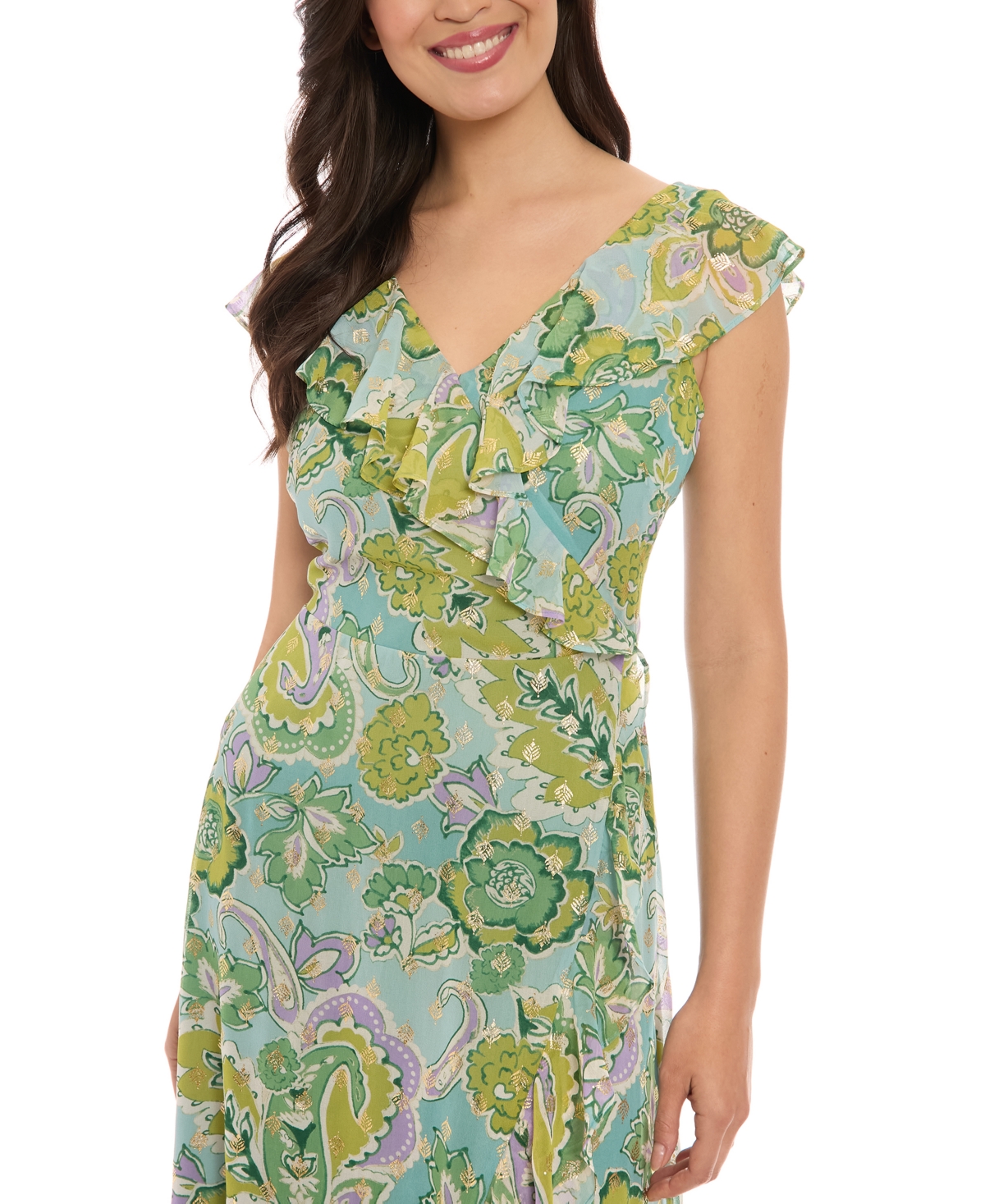 London Times Petite Faux-wrap Ruffle-trim Midi Dress