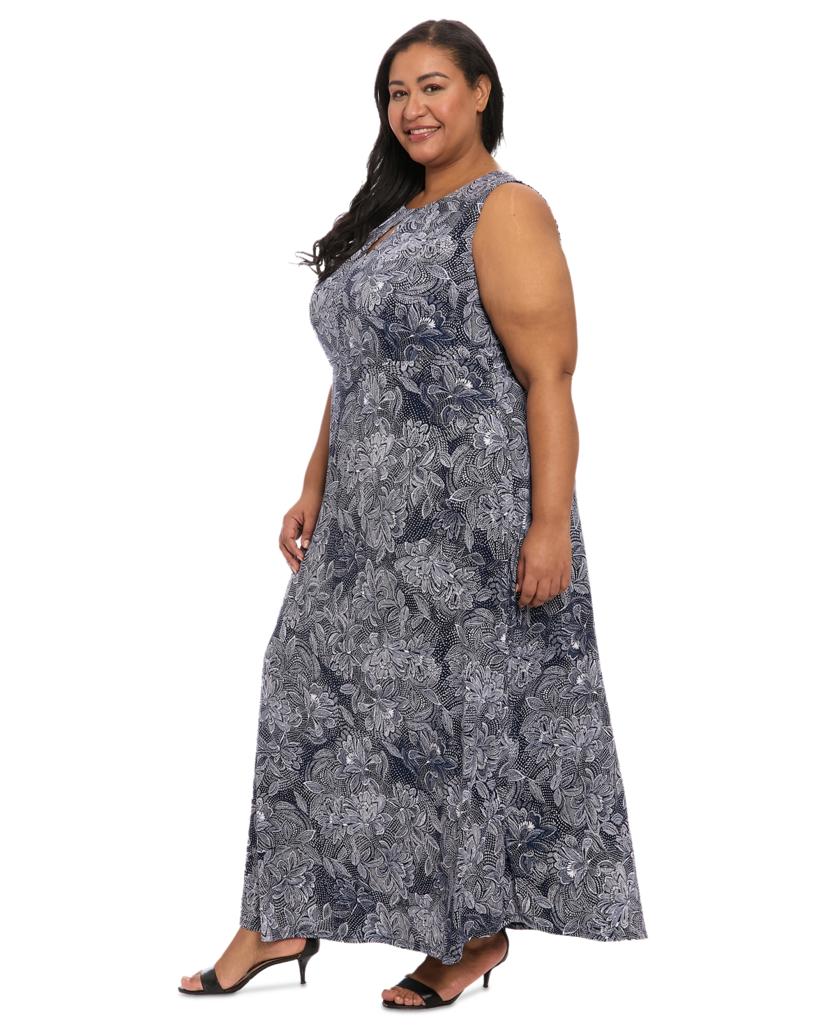 London Times Plus Size Keyhole-neck Sleeveless Maxi Dress In Gray
