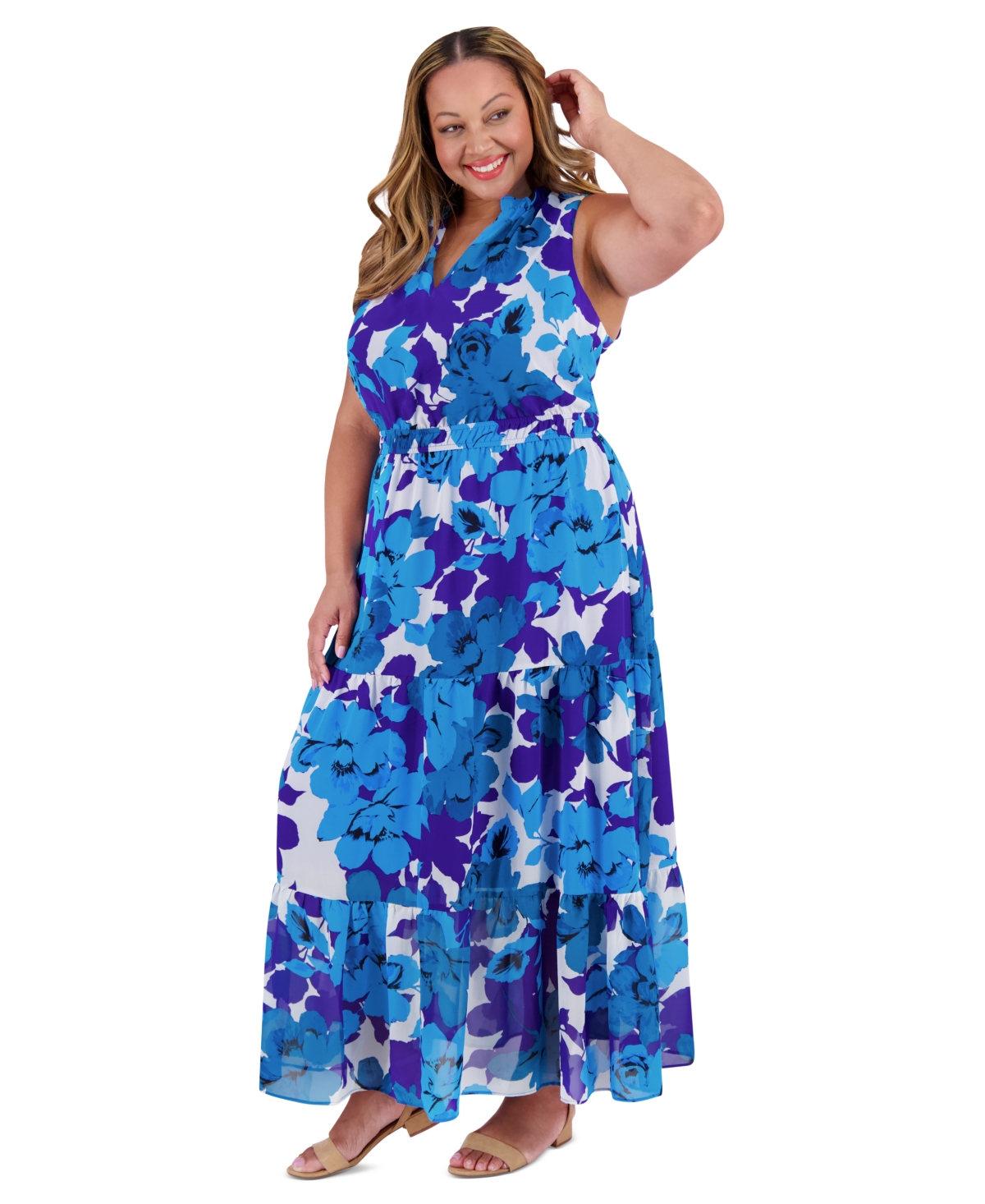 London Times Plus Size V-neck Sleeveless Maxi Dress
