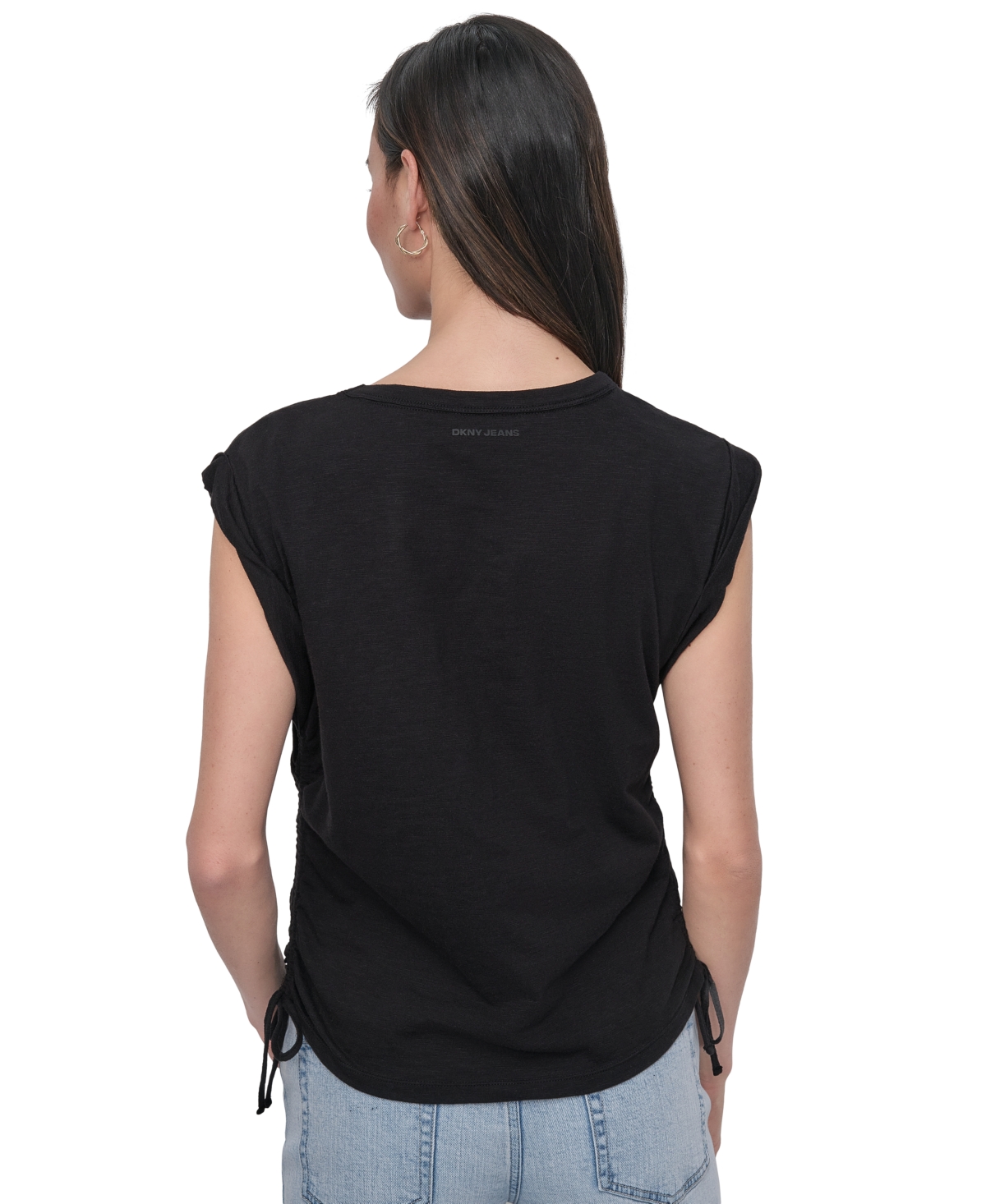 DKNY JEANS PETITE COTTON RUCHED SIDE-TIE SLEEVELESS TEE 