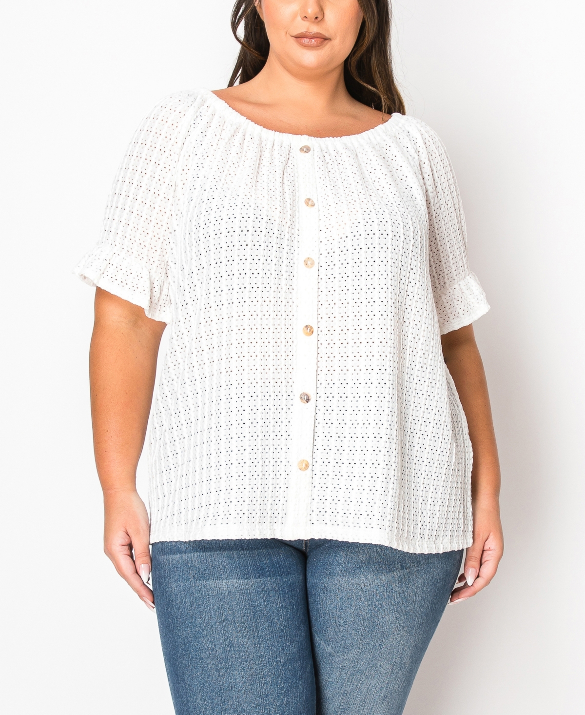 Plus Size Eyelet Jersey Button Front Ruffle Sleeve Peasant Top - Ivory