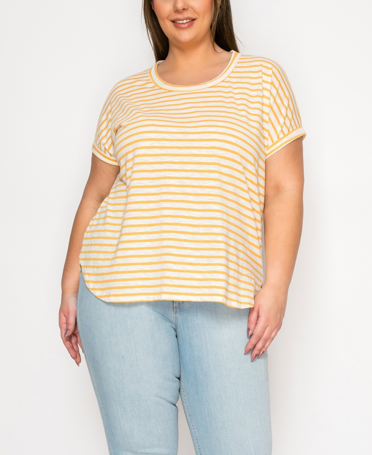 Plus Size Cotton Stripe Dolman Short Sleeve Top - Mustard Ivory
