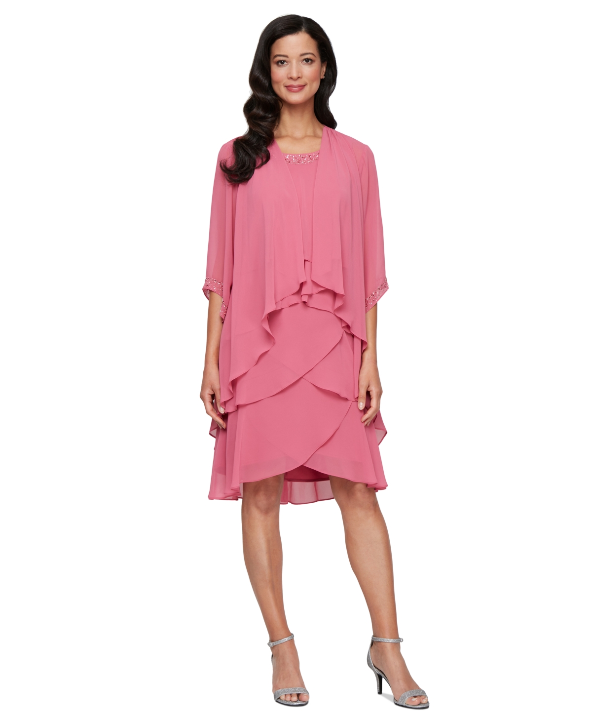 Women's 2.Piece Chiffon Open-Front Jacket & Beaded-Neck Tiered Dress - Rose