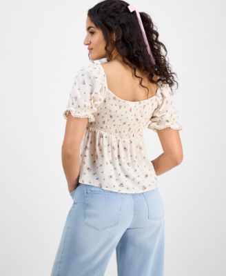 Juniors' Sweetheart-Neck Puff-Sleeve Top