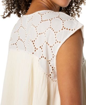 Women's Cotton Eyelet-Yoke Gauze Top