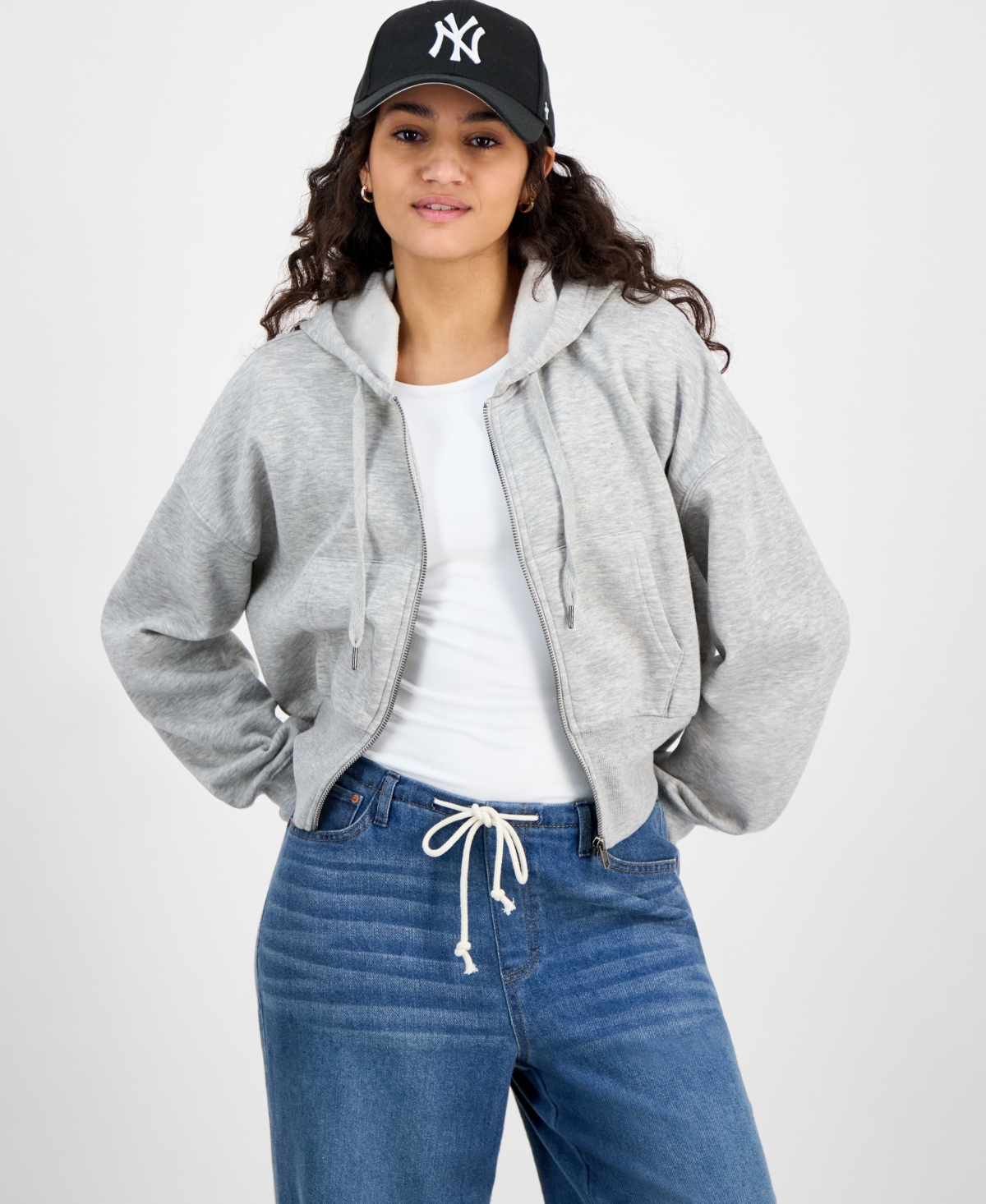 Juniors' Drop-Shoulder Full-Zip Cropped Hoodie - Whisper White